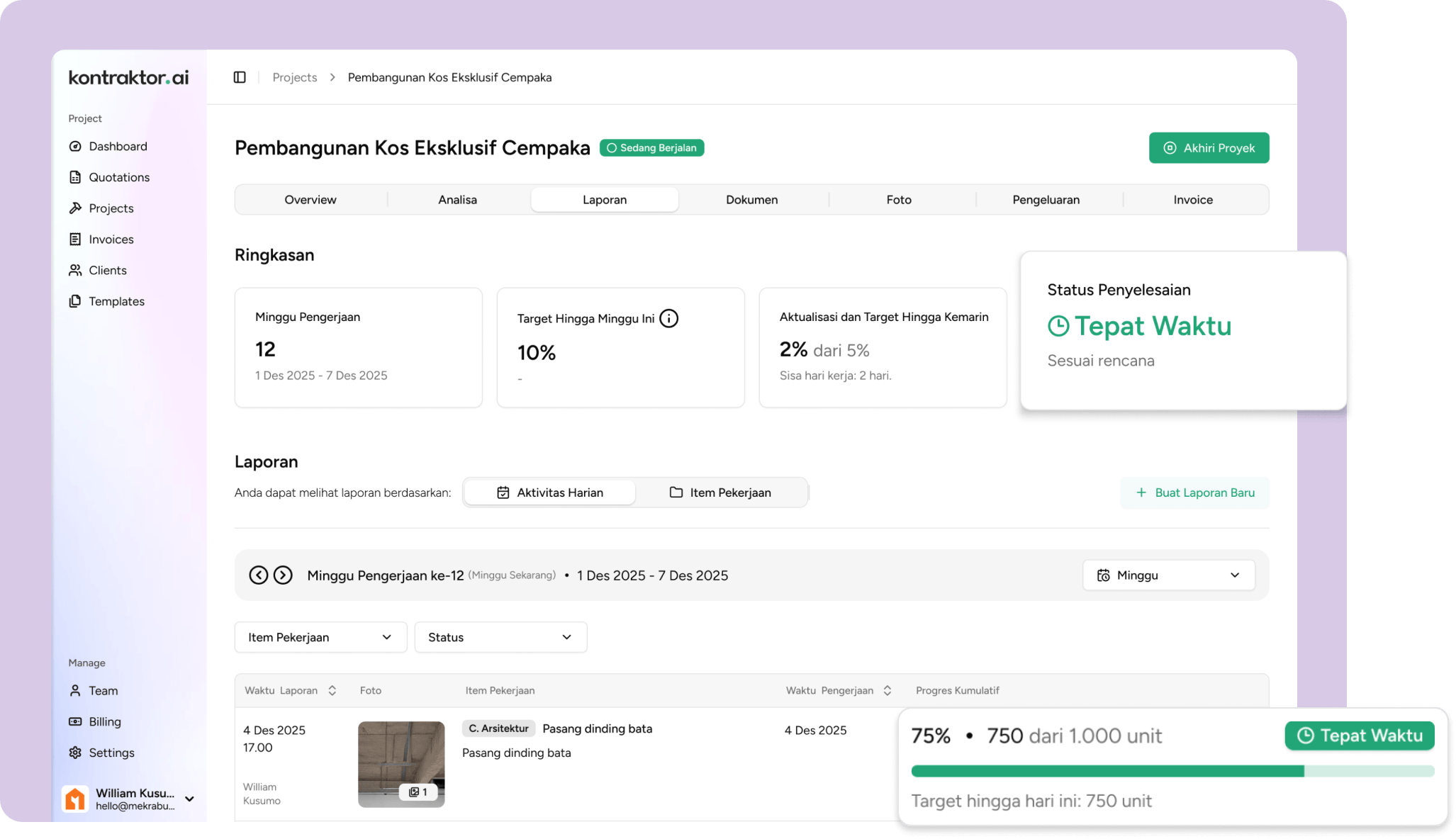 Dashboard software manajemen proyek kontraktor untuk memantau progres proyek secara real-time