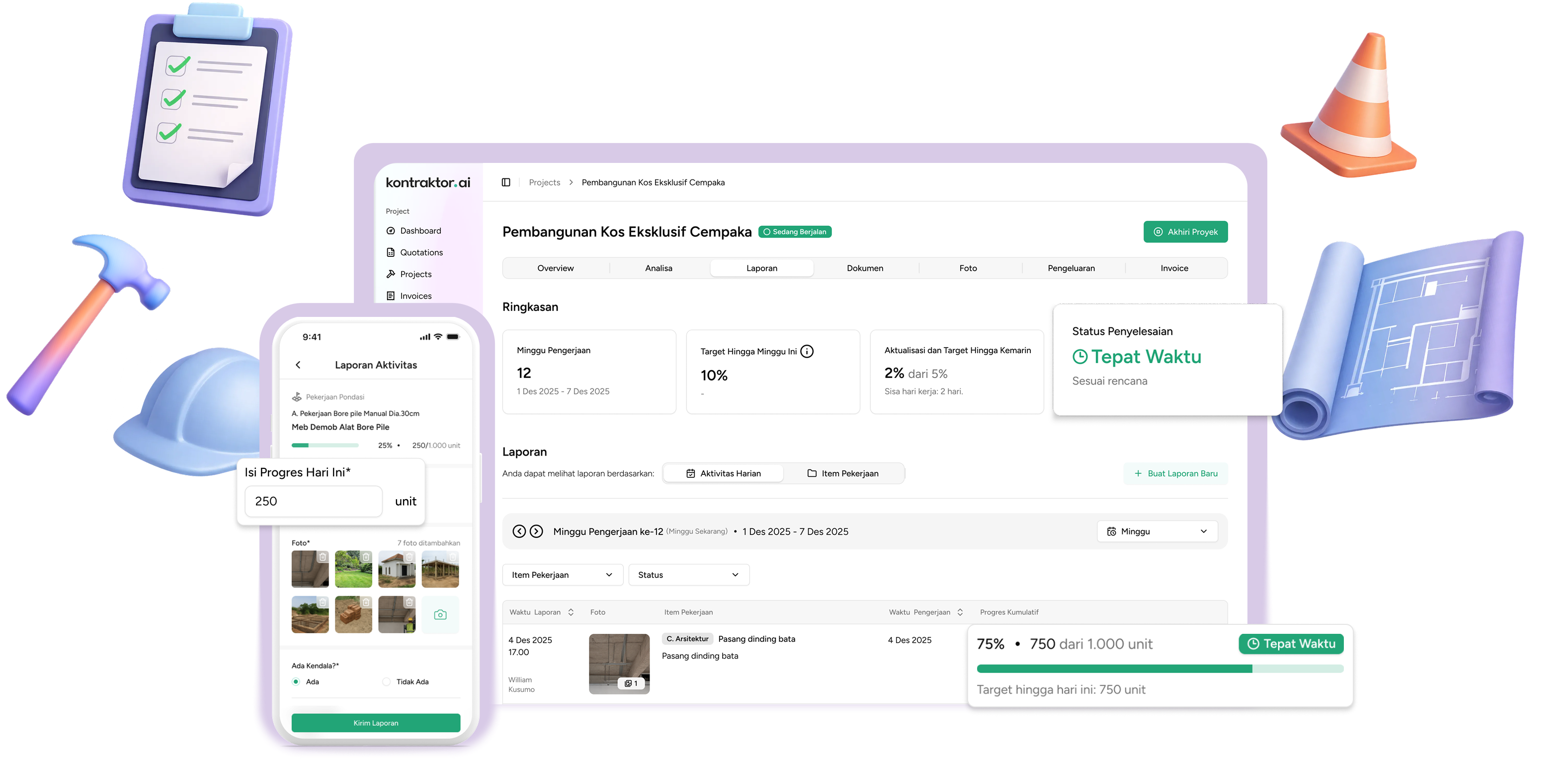 Dashboard software manajemen proyek kontraktor untuk memantau progres proyek secara real-time